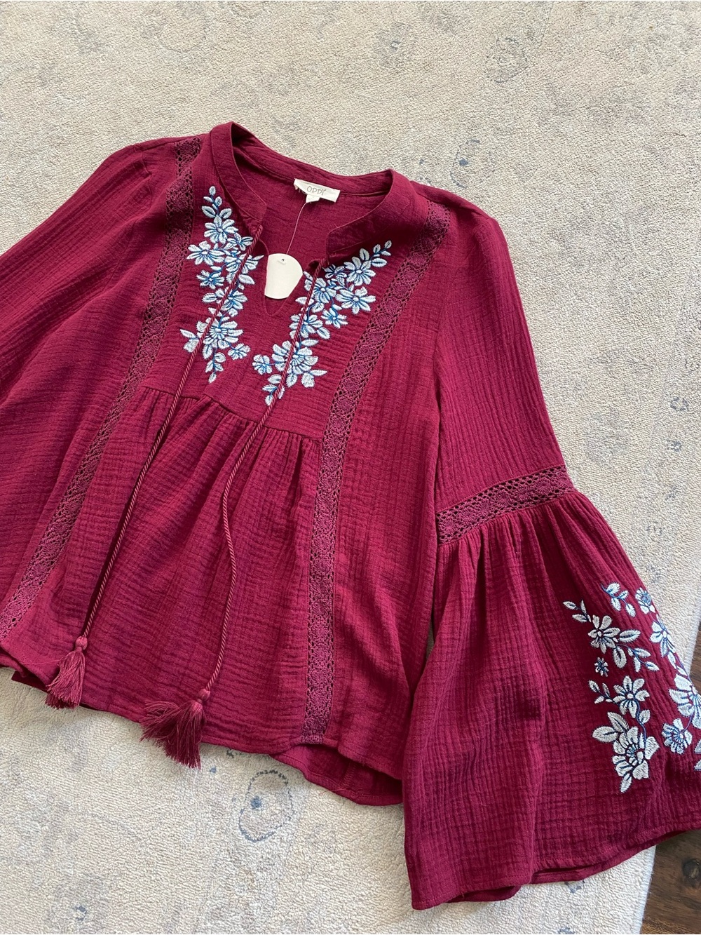 ODDY Gauze Top Bell Sleeve Floral Embroidered Lace Cotton Small Burgundy Boho